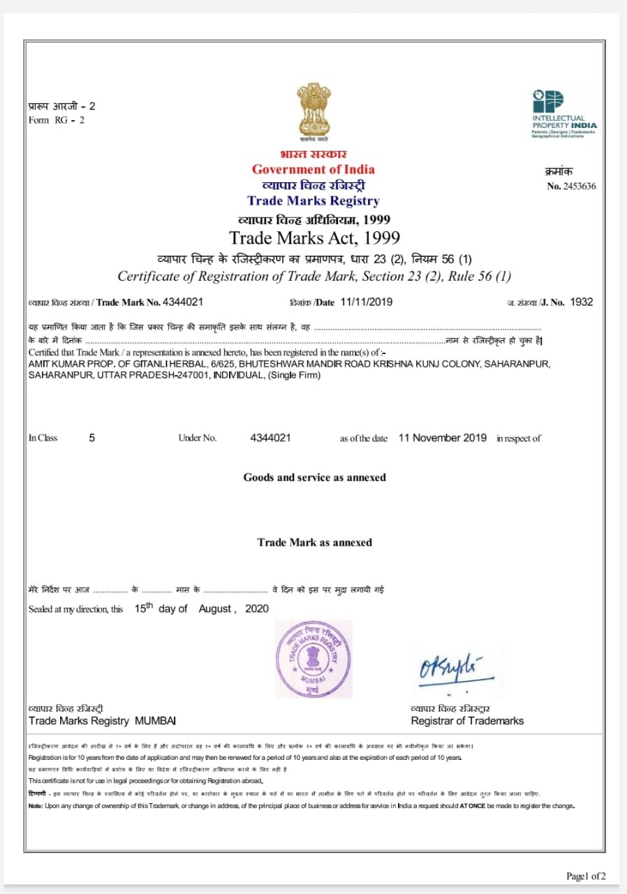 Gitanli Herbals Trade Mark Certificate