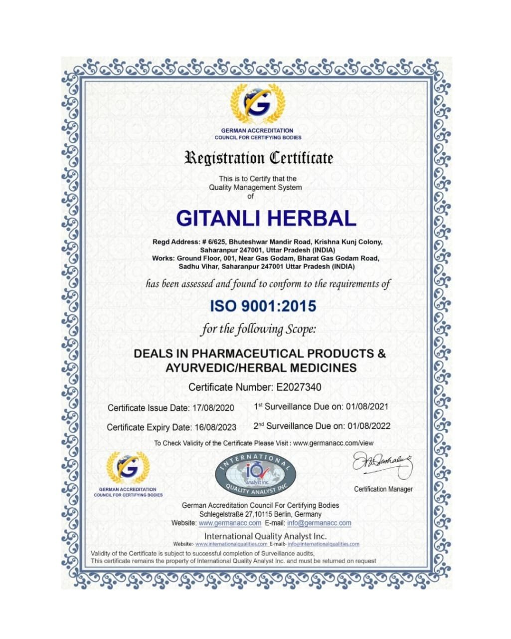 Gitanli Herbals Registry Certificate